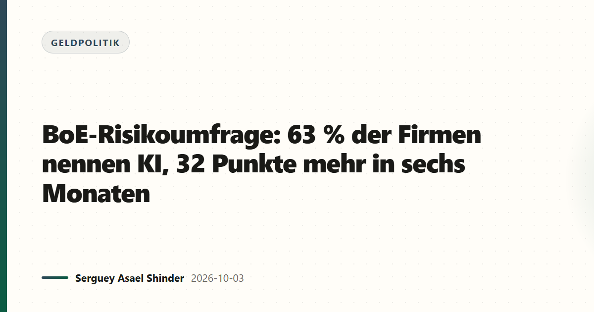 BoE-Risikoumfrage: 63 % der Firmen nennen KI, 32 Punkte mehr in sechs Monaten