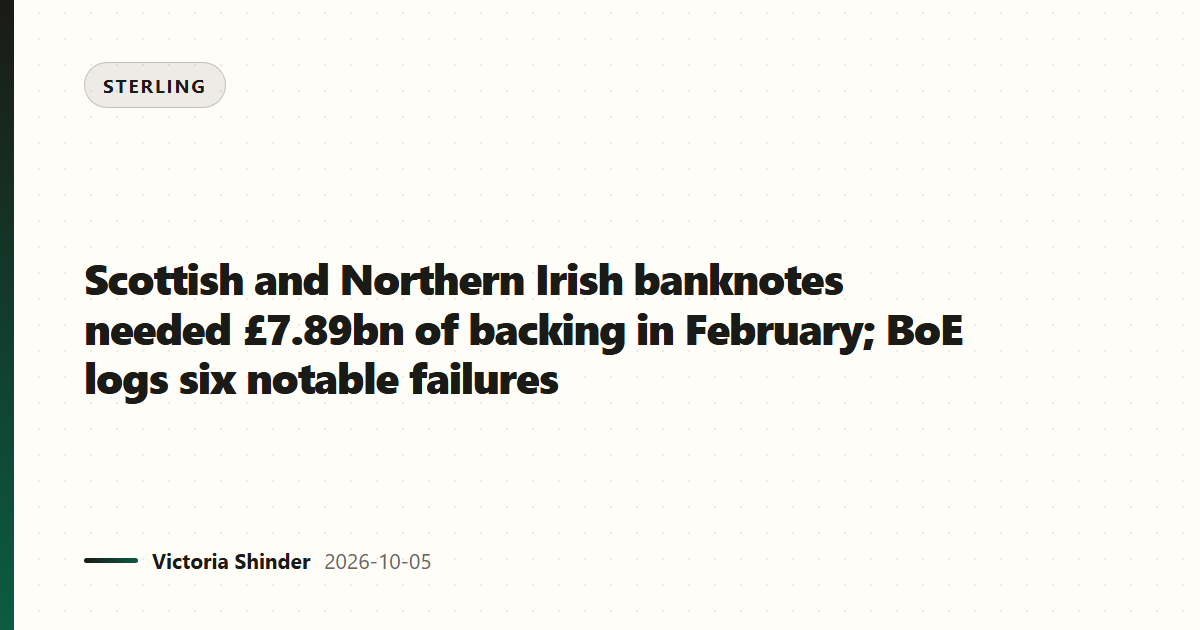 Scottish and Northern Irish banknotes needed £7.89bn of backing in February; BoE logs six notable failures