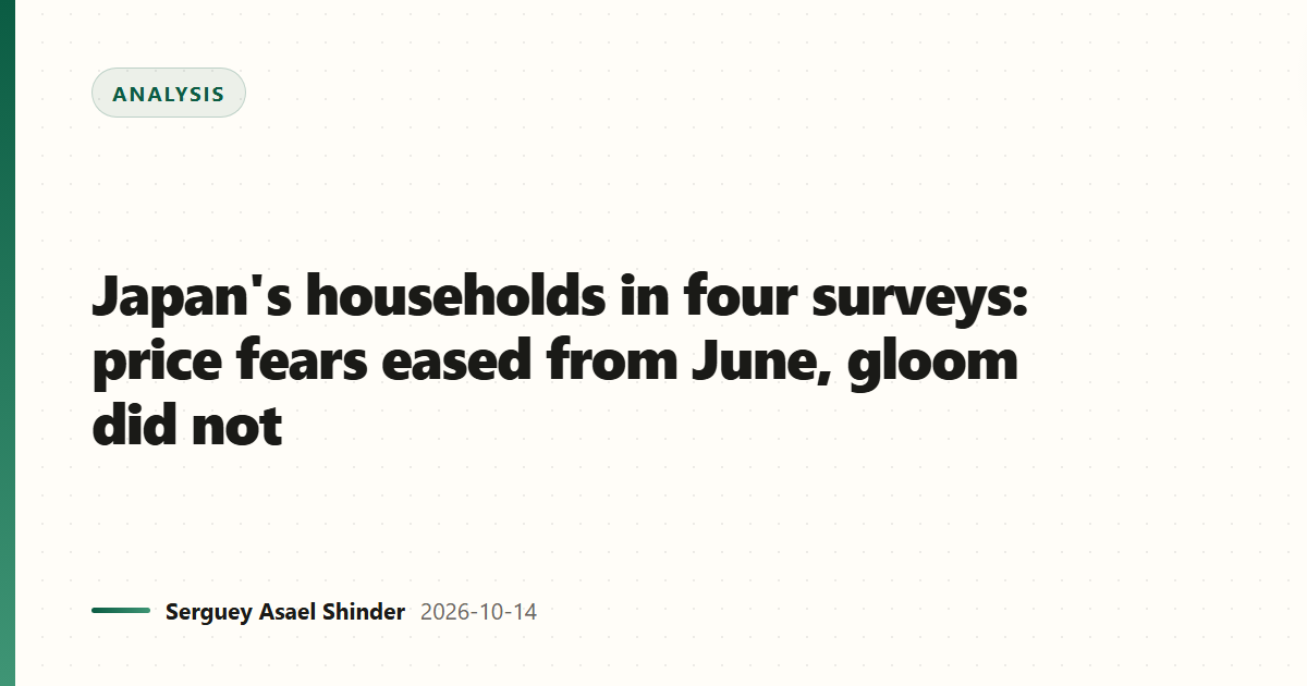 Japan's households in four surveys: price fears eased from June, gloom did not